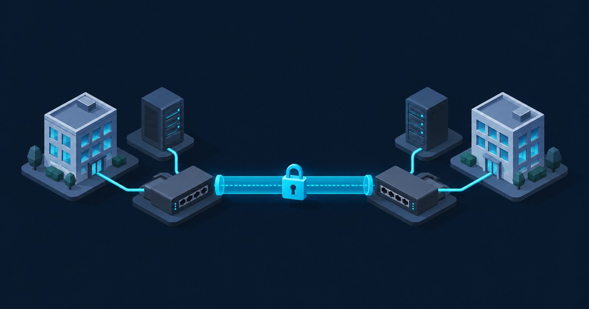 Two isometric office buildings with server racks link to firewall appliances joined by a glowing padlocked tunnel, showing a site-to-site VPN on a dark background.